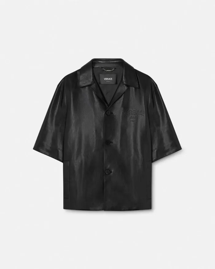Leather Blouson Overshirt Black Men Versace Jackets and Coats