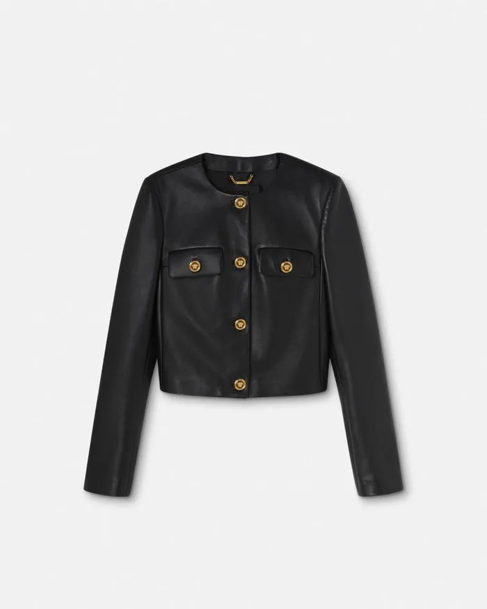 Leather Cardigan Jacket Black Women Versace Outerwear and Coats