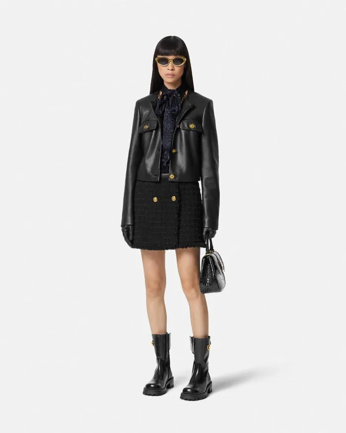 Leather Cardigan Jacket Black Women Versace Outerwear and Coats