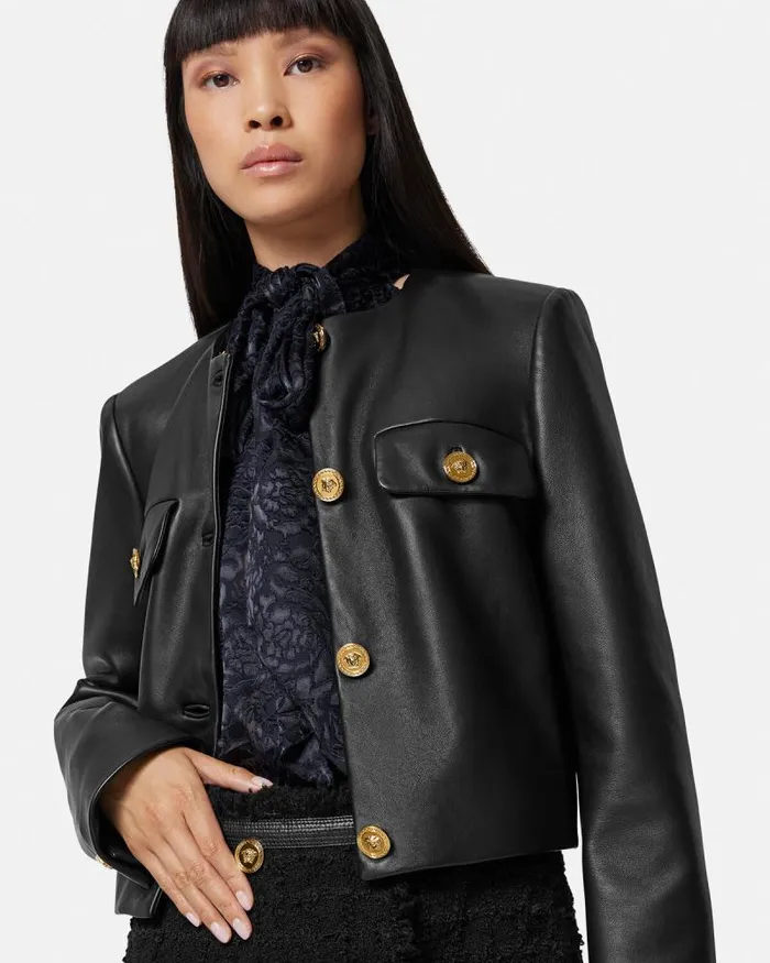 Leather Cardigan Jacket Black Women Versace Outerwear and Coats
