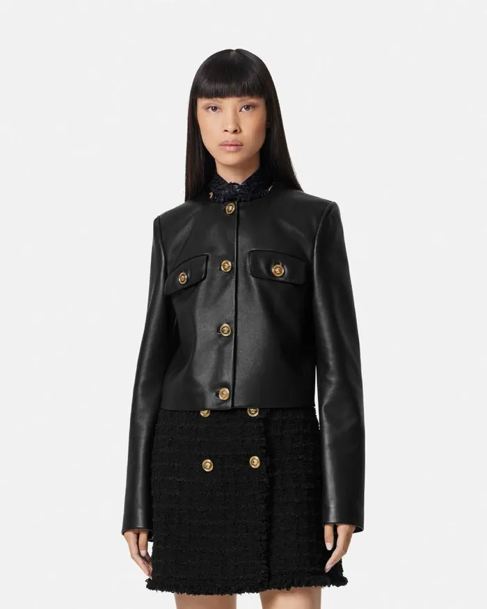Leather Cardigan Jacket Black Women Versace Outerwear and Coats