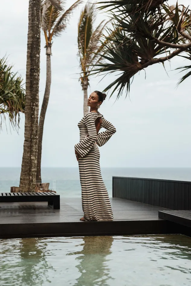 Long Sleeve Dresses Cherie Knit Maxi Dress Sand Black Petal and Pup Women