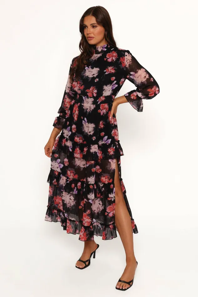 Long Sleeve Dresses Women Petal and Pup Isadora Long Sleeve Maxi Dress Black Blurred Floral
