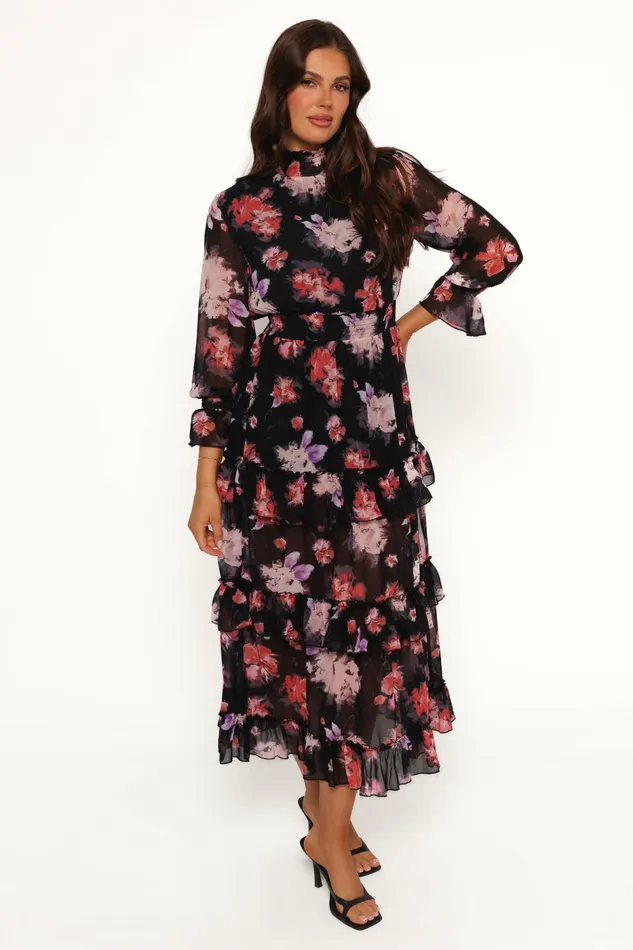 Long Sleeve Dresses Women Petal and Pup Isadora Long Sleeve Maxi Dress Black Blurred Floral