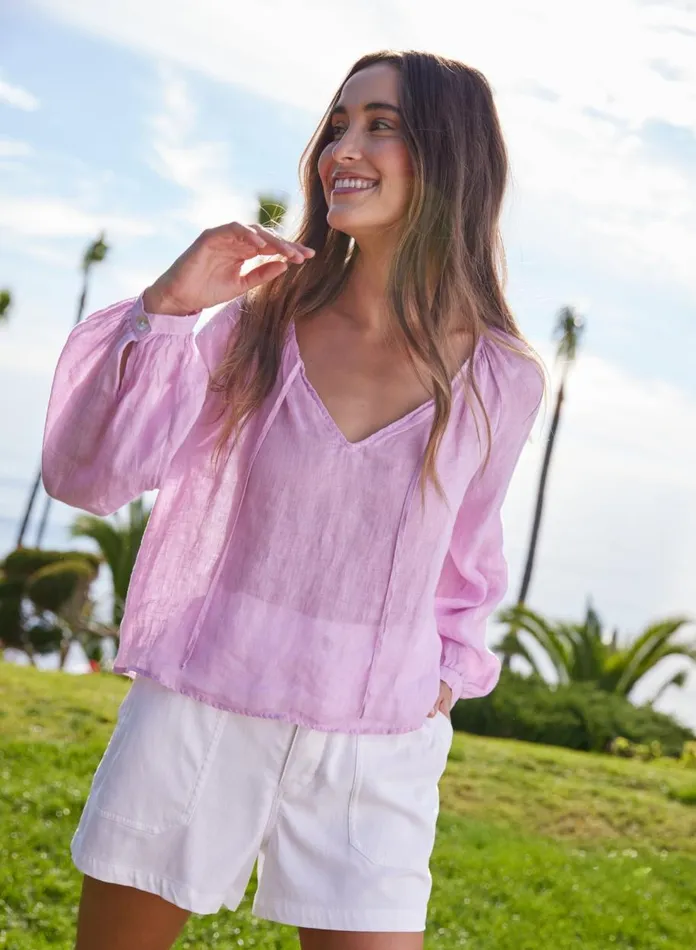 Long Sleeve Women Bella Dahl Shirred Linen Raglan Blouse 8211 Light Orchid