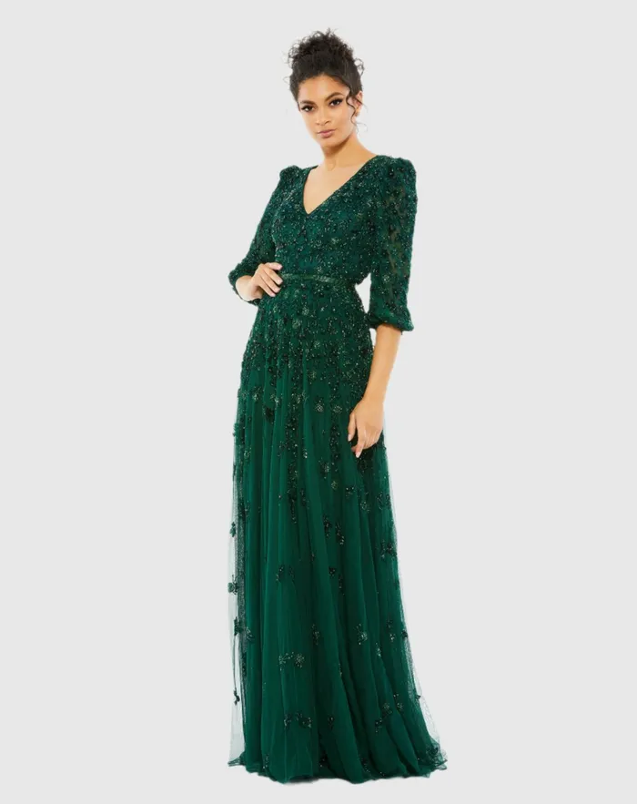 Mac Duggal Best Sellers Women Green Embellished V Neck 34 Sleeve A Line Gown Deep Emerald Mac Duggal Best Sellers Women Green Embellished V Neck 34 Sleeve A Line Gown Deep Emerald