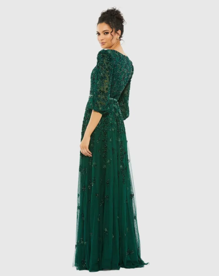 Mac Duggal Best Sellers Women Green Embellished V Neck 34 Sleeve A Line Gown Deep Emerald