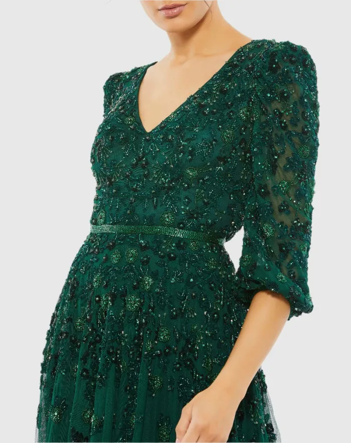 Mac Duggal Best Sellers Women Green Embellished V Neck 34 Sleeve A Line Gown Deep Emerald