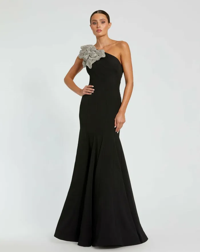 Mac Duggal Black Crepe One Shoulder Gown With Flower Black Women Best Sellers