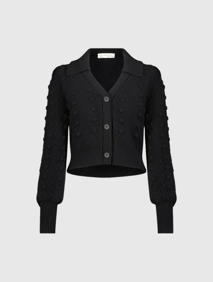 Mac Duggal Blouses and Tops Women Cropped Bobble Cable Knit Button Up Cardigan Sweater Black