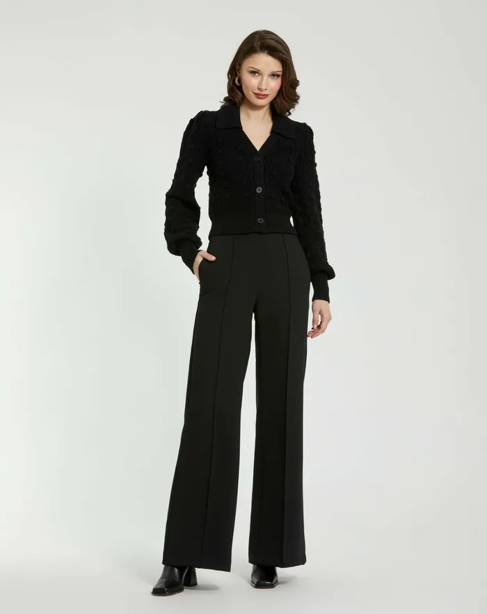 Mac Duggal Blouses and Tops Women Cropped Bobble Cable Knit Button Up Cardigan Sweater Black