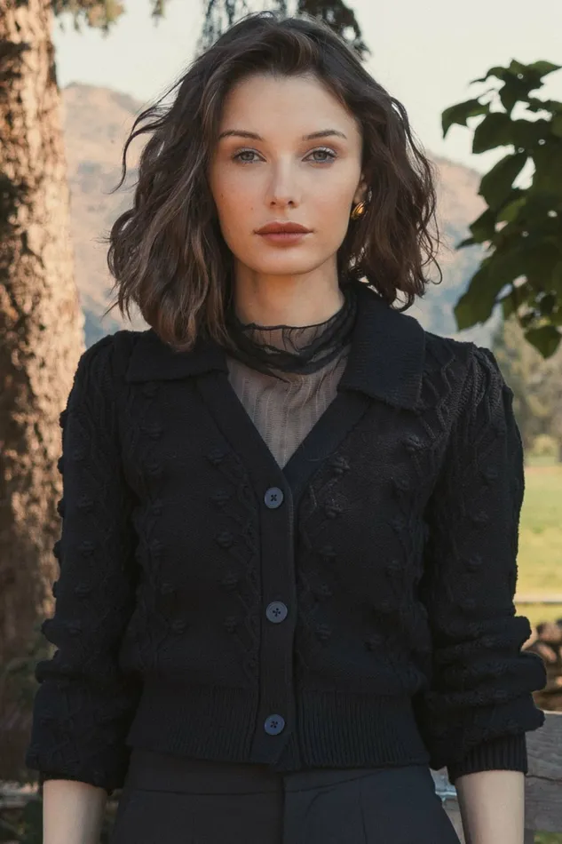 Mac Duggal Blouses and Tops Women Cropped Bobble Cable Knit Button Up Cardigan Sweater Black