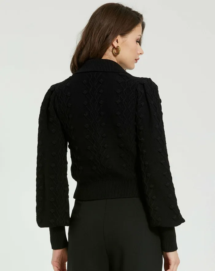 Mac Duggal Blouses and Tops Women Cropped Bobble Cable Knit Button Up Cardigan Sweater Black
