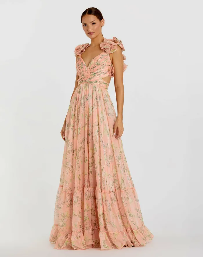 Mac Duggal Evening Gowns Women Pink Ruffle Tiered Floral CutOut Chiffon Gown Pink Multi Mac Duggal Evening Gowns Women Pink Ruffle Tiered Floral CutOut Chiffon Gown Pink Multi