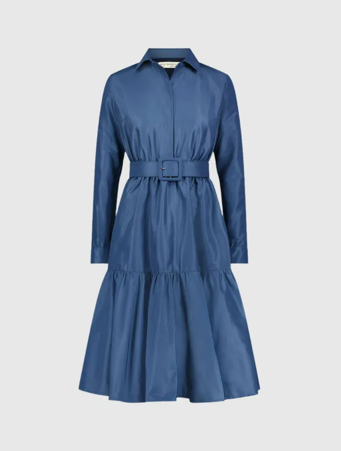 Mac Duggal Every Day Dresses Women Faille Long Sleeve Collared Midi Dress With Belt Deep Blue