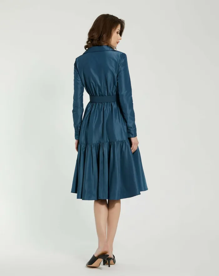 Mac Duggal Every Day Dresses Women Faille Long Sleeve Collared Midi Dress With Belt Deep Blue