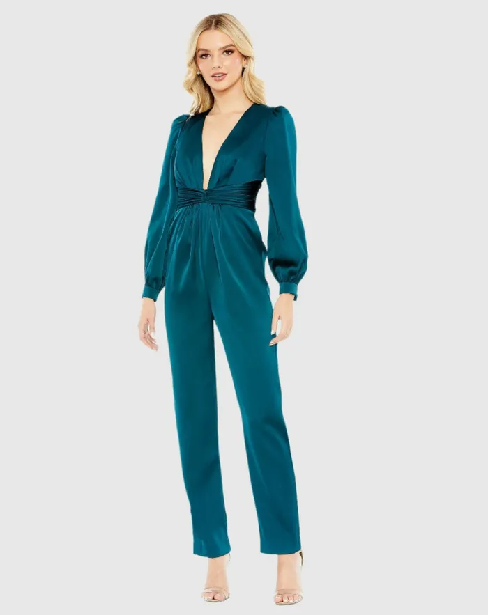 Mac Duggal Teal Front Twist Puff Sleeve Deep V Jumpsuit Deep Green Women Jumpsuits and Rompers Mac Duggal Teal Front Twist Puff Sleeve Deep V Jumpsuit Deep Green Women Jumpsuits and Rompers