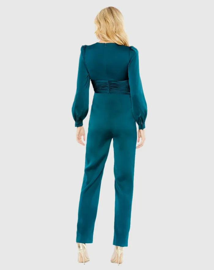 Mac Duggal Teal Front Twist Puff Sleeve Deep V Jumpsuit Deep Green Women Jumpsuits and Rompers