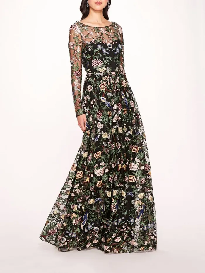 Marchesa Marchesa Notte Botanical Embroidered Gown Black Multi 8211 Women