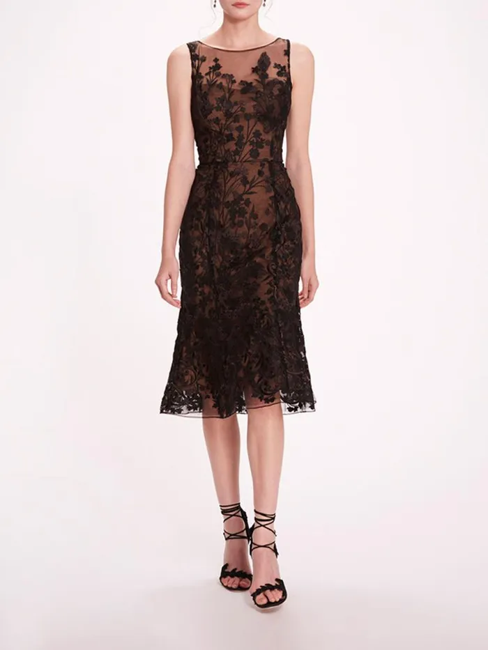 Marchesa Marchesa Notte Embroidered Tulle Midi Dress Black 8211 Women
