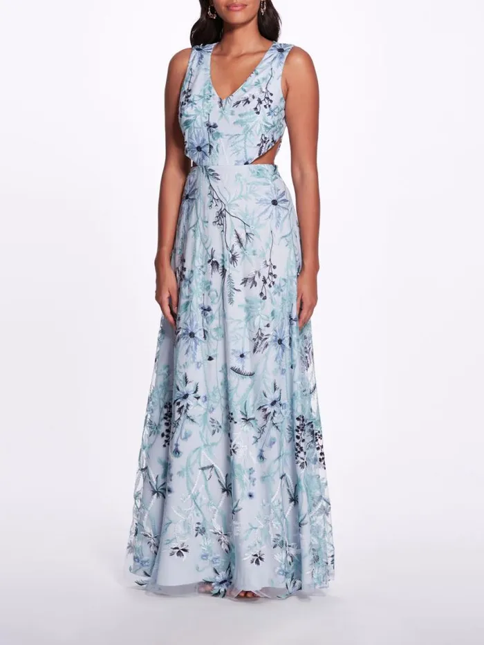 Marchesa Marchesa Notte Keyhole Back Floral Gown Slate Blue 8211 Women