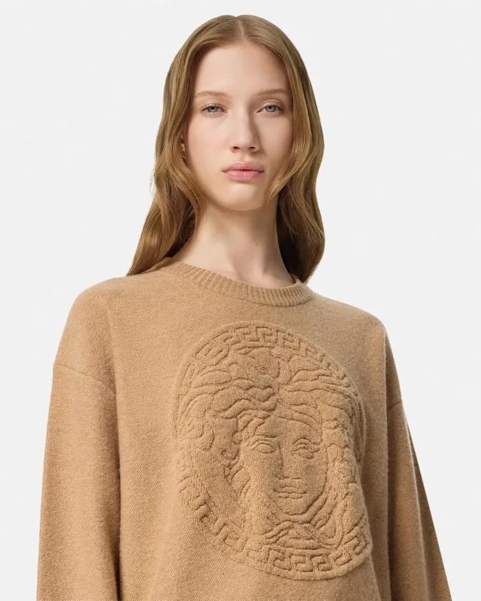 Medusa WoolBlend Knit Towel Sweater Beige Women Versace Knitwear