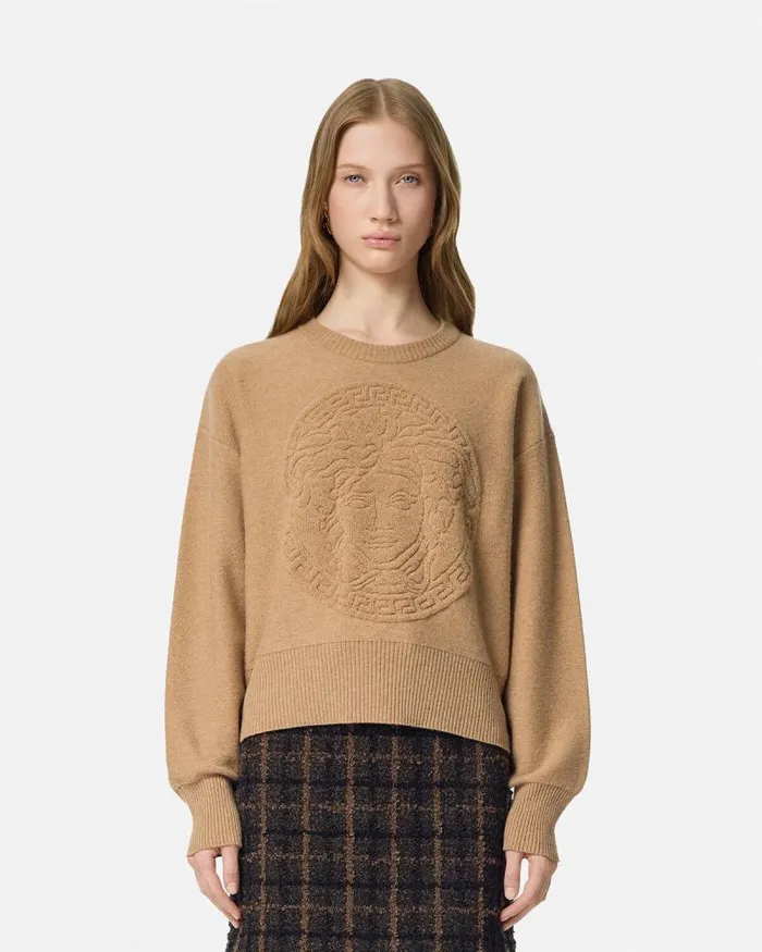 Medusa WoolBlend Knit Towel Sweater Beige Women Versace Knitwear