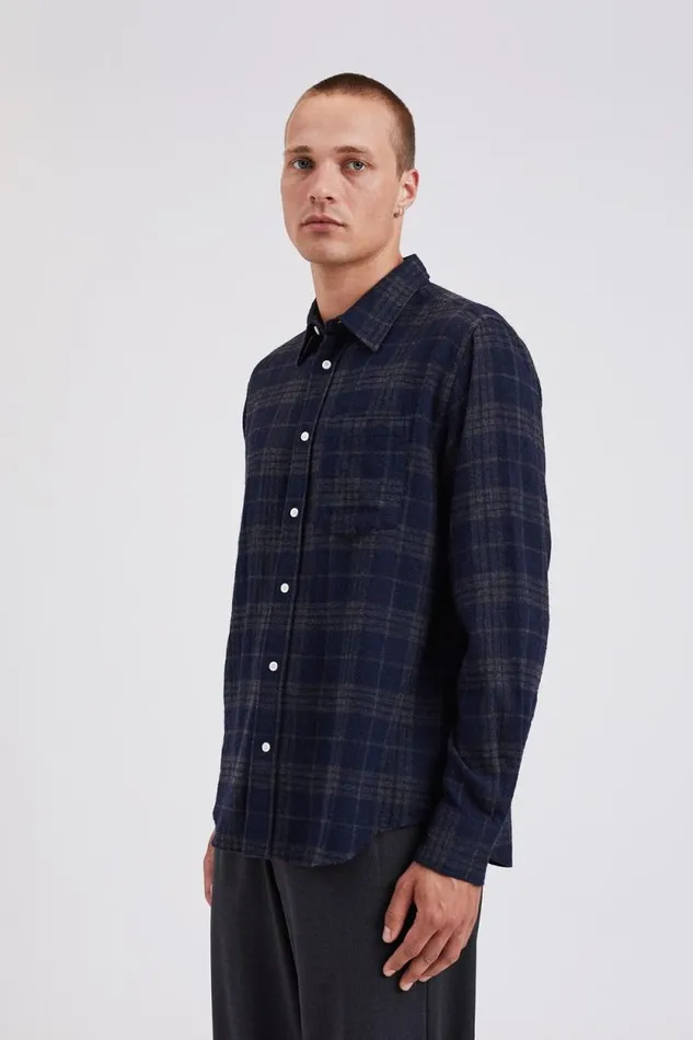 Men Algot Relaxed Wool Check Shirt Dark Navy Norse Projects Shirting