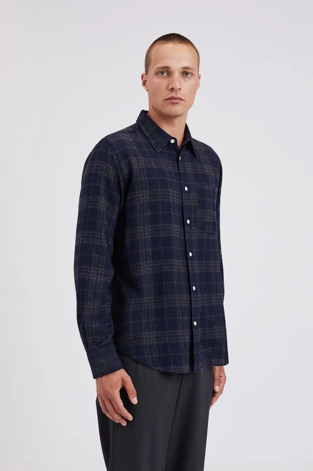 Men Algot Relaxed Wool Check Shirt Dark Navy Norse Projects Shirting