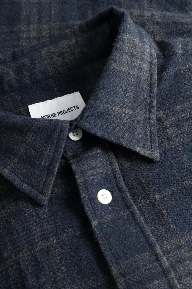 Men Algot Relaxed Wool Check Shirt Dark Navy Norse Projects Shirting