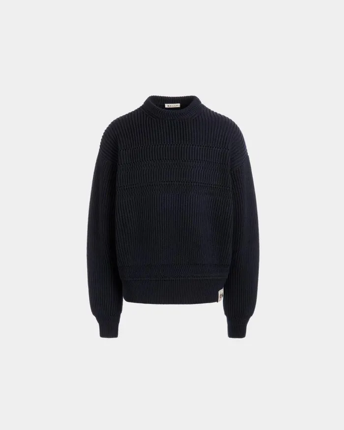 Men Bally Knitwear Crewneck Sweater In Navy Blue Cotton Blue