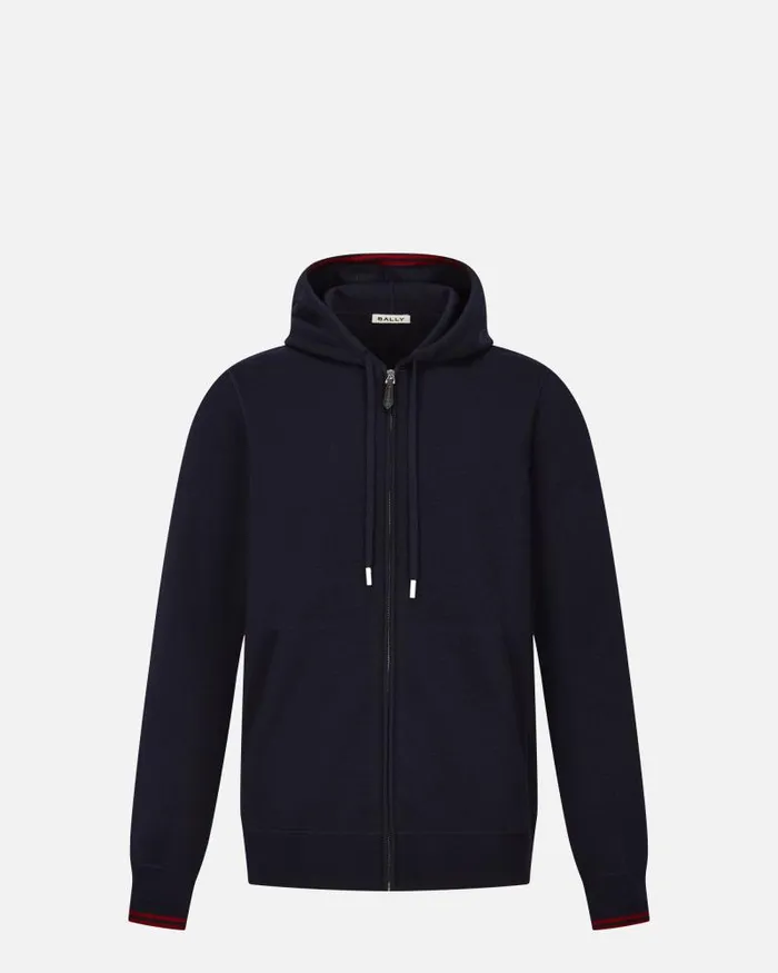 Men Bally Knitwear Hoodie In Navy Blue Wool Blue