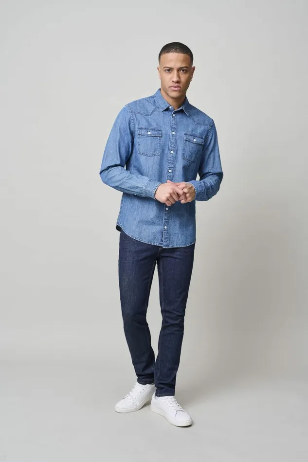Men Blend Shirts Long Sleeved Shirt Denim Middle Blue