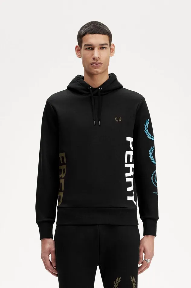 Men Graphic Branding Hooded Sweatshirt Black Fred Perry Sweatshirts
