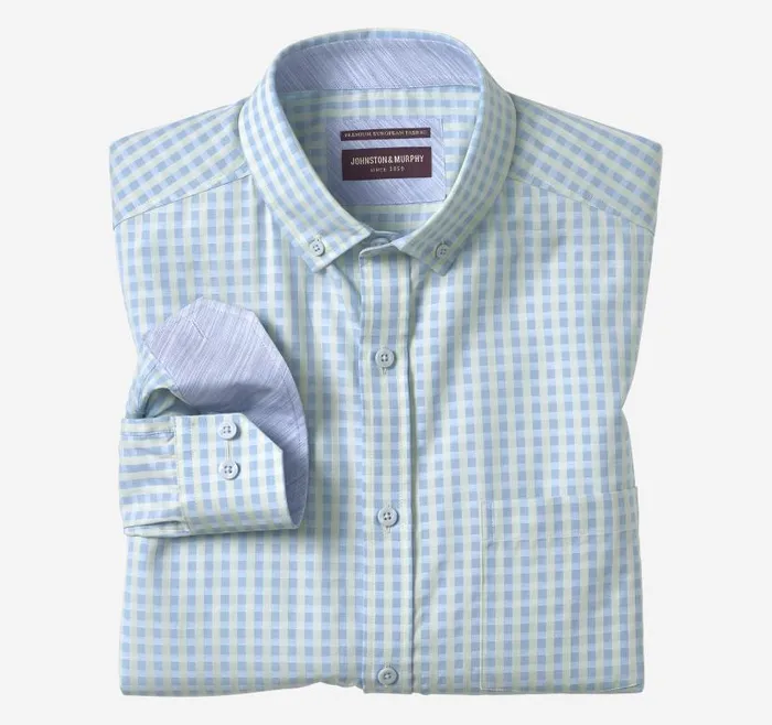 Men Johnston and Murphy Shirts ButtonCollar Premium Cotton Shirt Mint Gingham Men Johnston and Murphy Shirts ButtonCollar Premium Cotton Shirt Mint Gingham