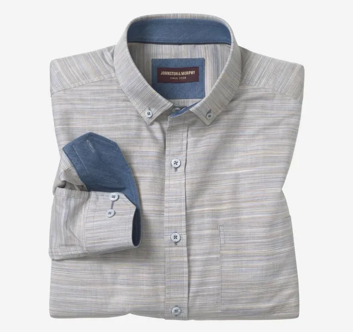 Men Johnston and Murphy Shirts LongSleeve Twill Checked Shirt Bluetan Striated Oxford Men Johnston and Murphy Shirts LongSleeve Twill Checked Shirt Bluetan Striated Oxford