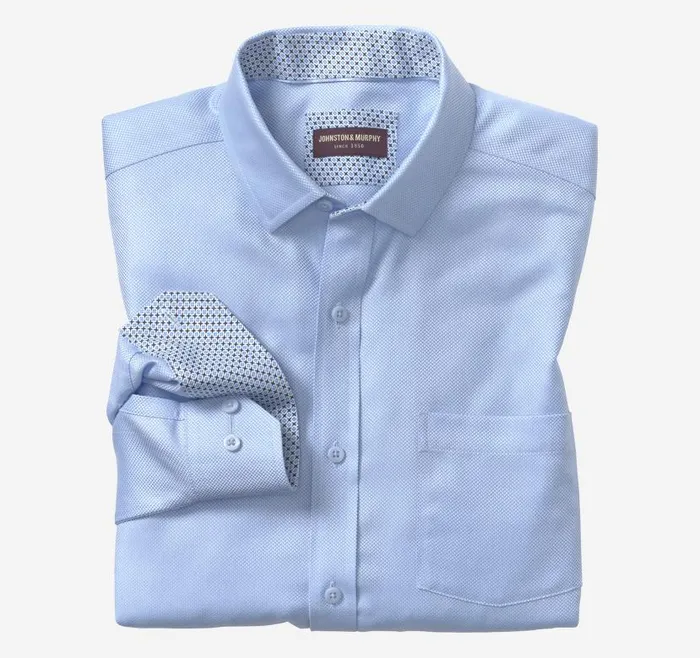 Men Johnston and Murphy Shirts NonIron Dress Shirt Blue Solid Birdseye