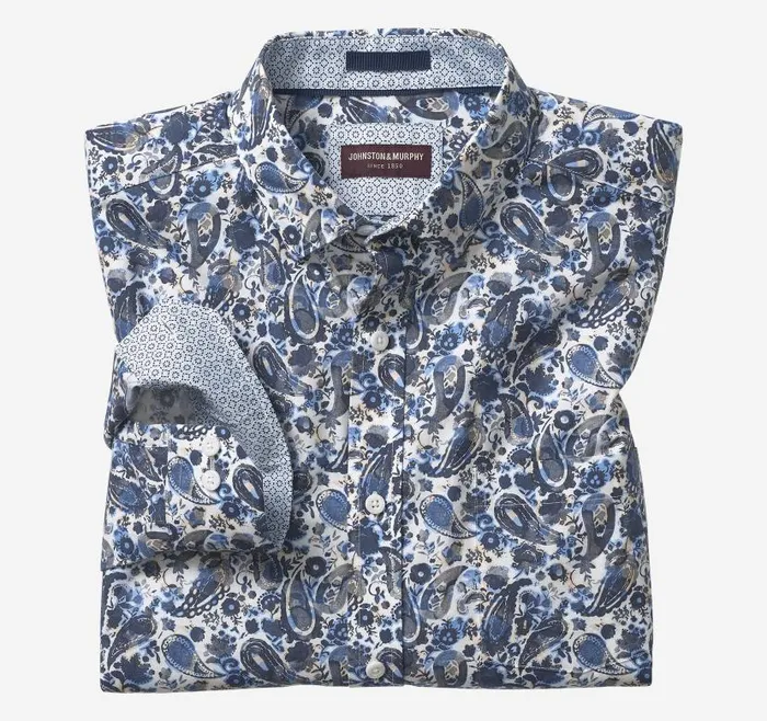 Men Johnston and Murphy Shirts Printed Cotton Shirt Blue Watercolor Paisley