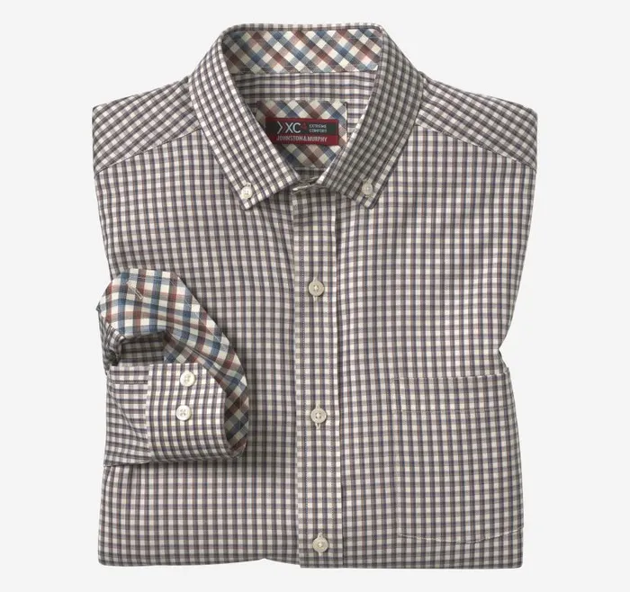 Men Johnston and Murphy Shirts XC4 Sport LongSleeve Shirt Brown Outlined Grid Men Johnston and Murphy Shirts XC4 Sport LongSleeve Shirt Brown Outlined Grid