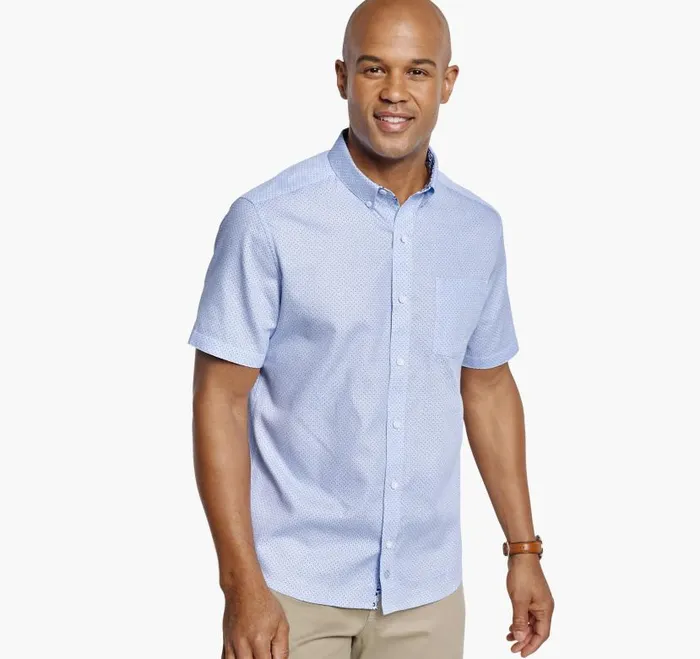Men Johnston and Murphy ShortSleeve Shirts Textured Cotton ShortSleeve Shirt Blue Linked Bar
