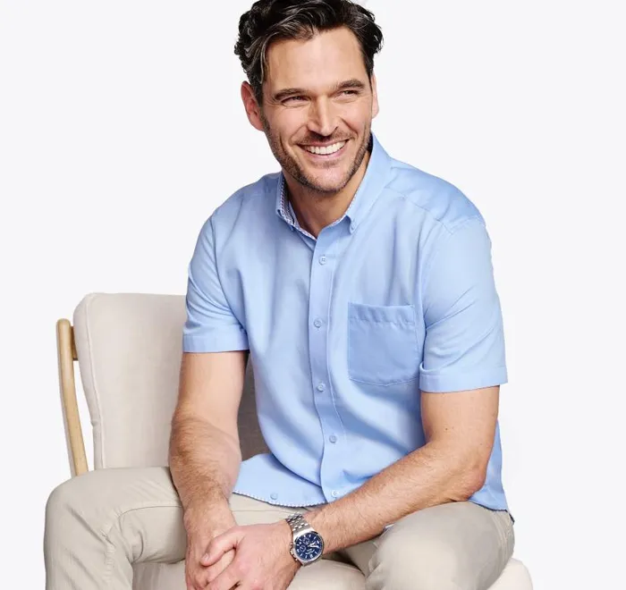 Men Johnston and Murphy ShortSleeve Shirts Textured Cotton ShortSleeve Shirt Blue Solid