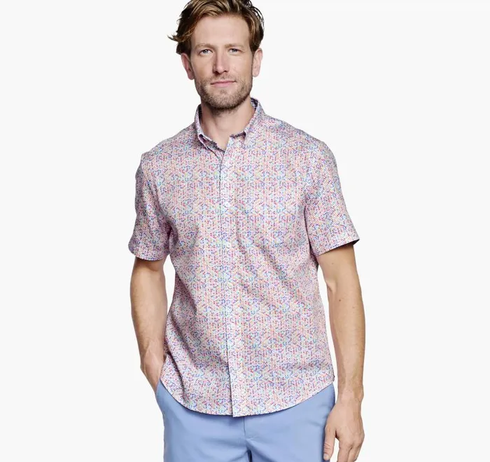 Men Johnston and Murphy ShortSleeve Shirts Textured Cotton ShortSleeve Shirt White Multi Geo Petal Men Johnston and Murphy ShortSleeve Shirts Textured Cotton ShortSleeve Shirt White Multi Geo Petal