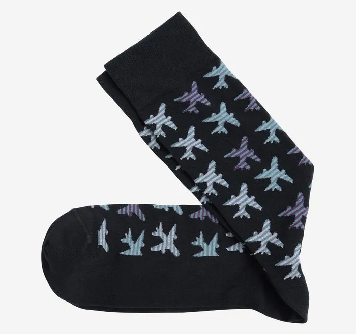 Men Johnston and Murphy Socks Space Dye Socks Navy Striped Airplane Icon