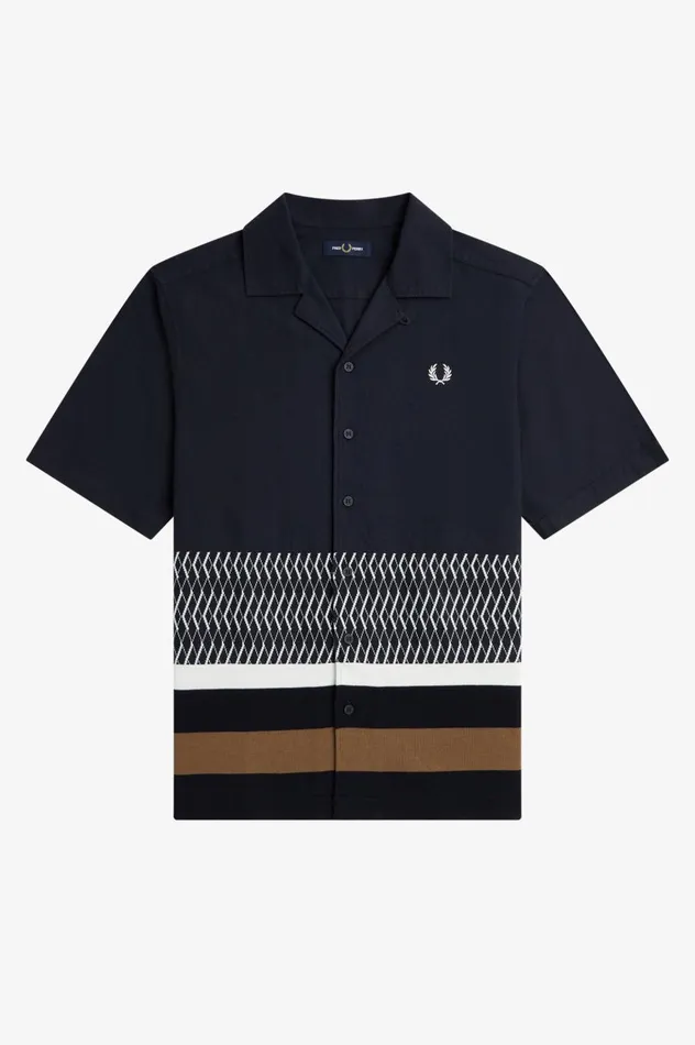 Men Knitted Panel Revere Collar Shirt Navy Fred Perry Shirts