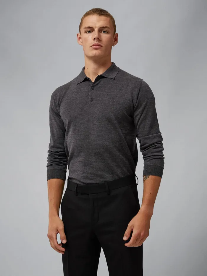 Men Noel Light Merino Polo Shirt Dark Grey Melange JLindeberg Knitwear