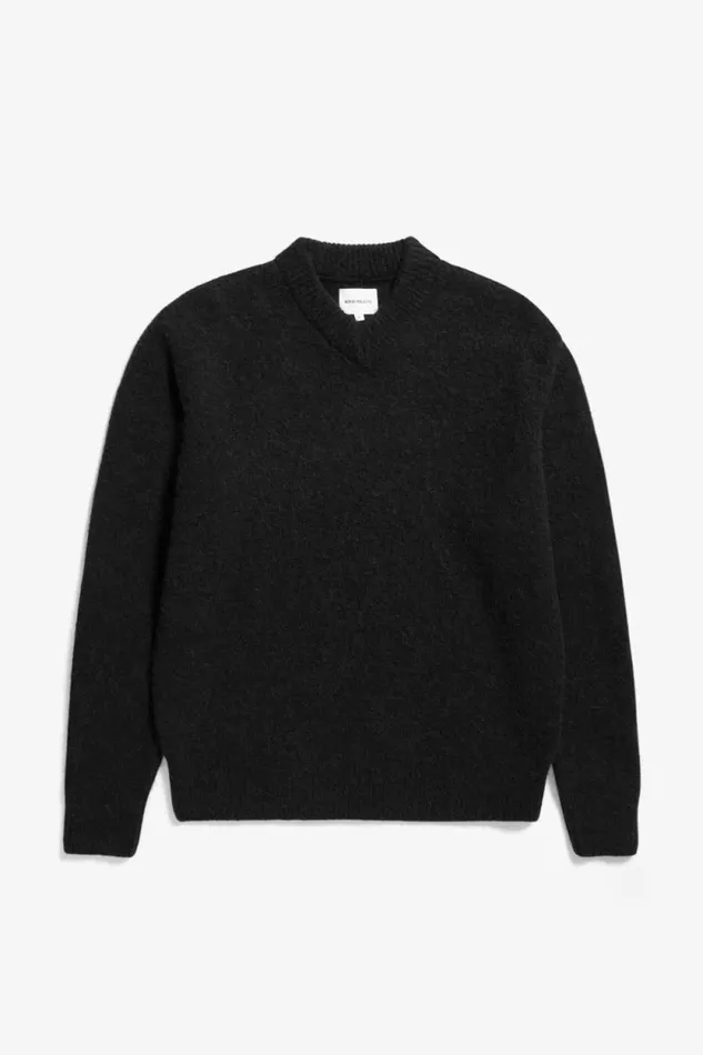 Men Rasmus Relaxed Brushed VNeck Sweater Black Norse Projects Knitwear