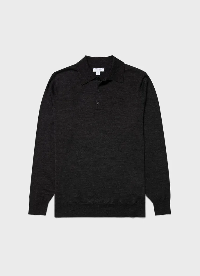 Men ussunspel ExtraFine Merino Polo Shirt Charcoal Melange Knitwear