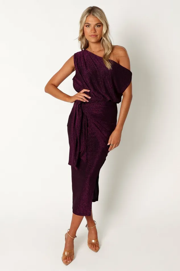 Off The Shoulder Dresses Petal and Pup Women Santiago Off Shoulder Midi Dress Purple