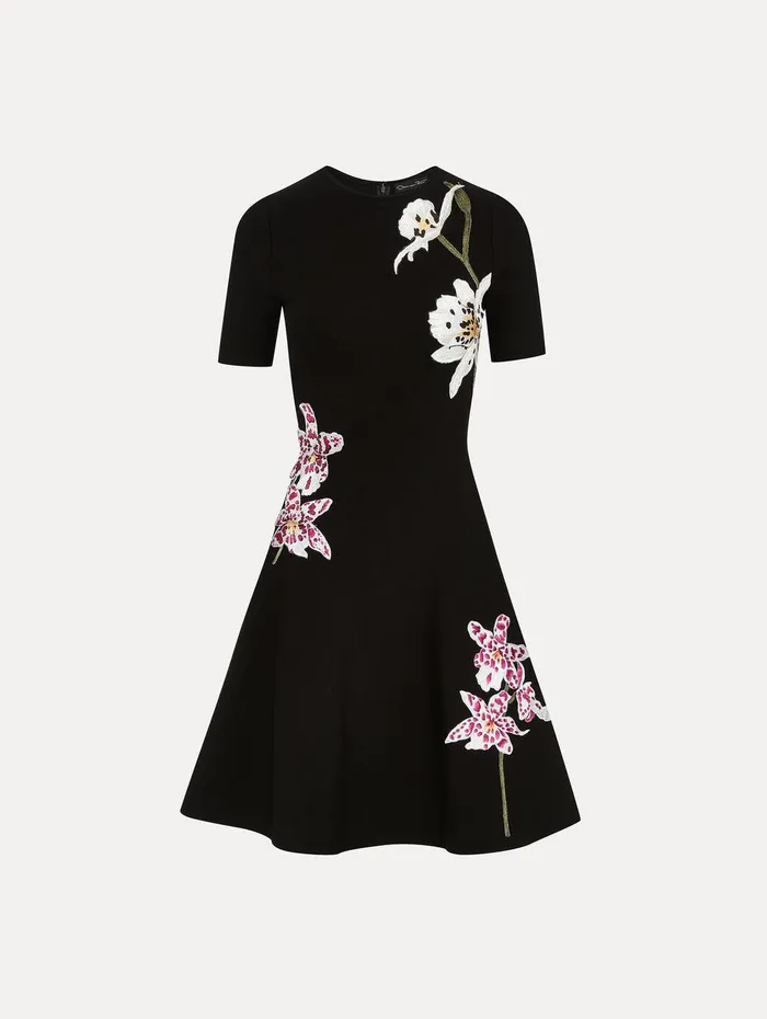 Orchid Threadwork Jacquard Dress Black Multi Women Oscar De La Renta Dresses
