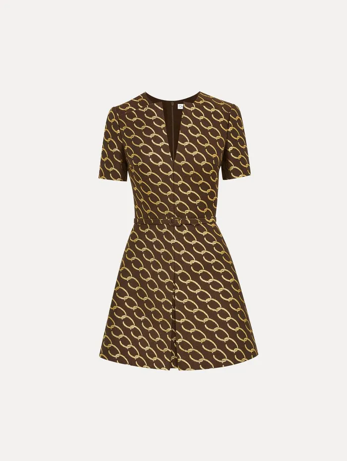 Oscar ChainLink Jacquard Dress Cafe Gold Women Oscar De La Renta Dresses